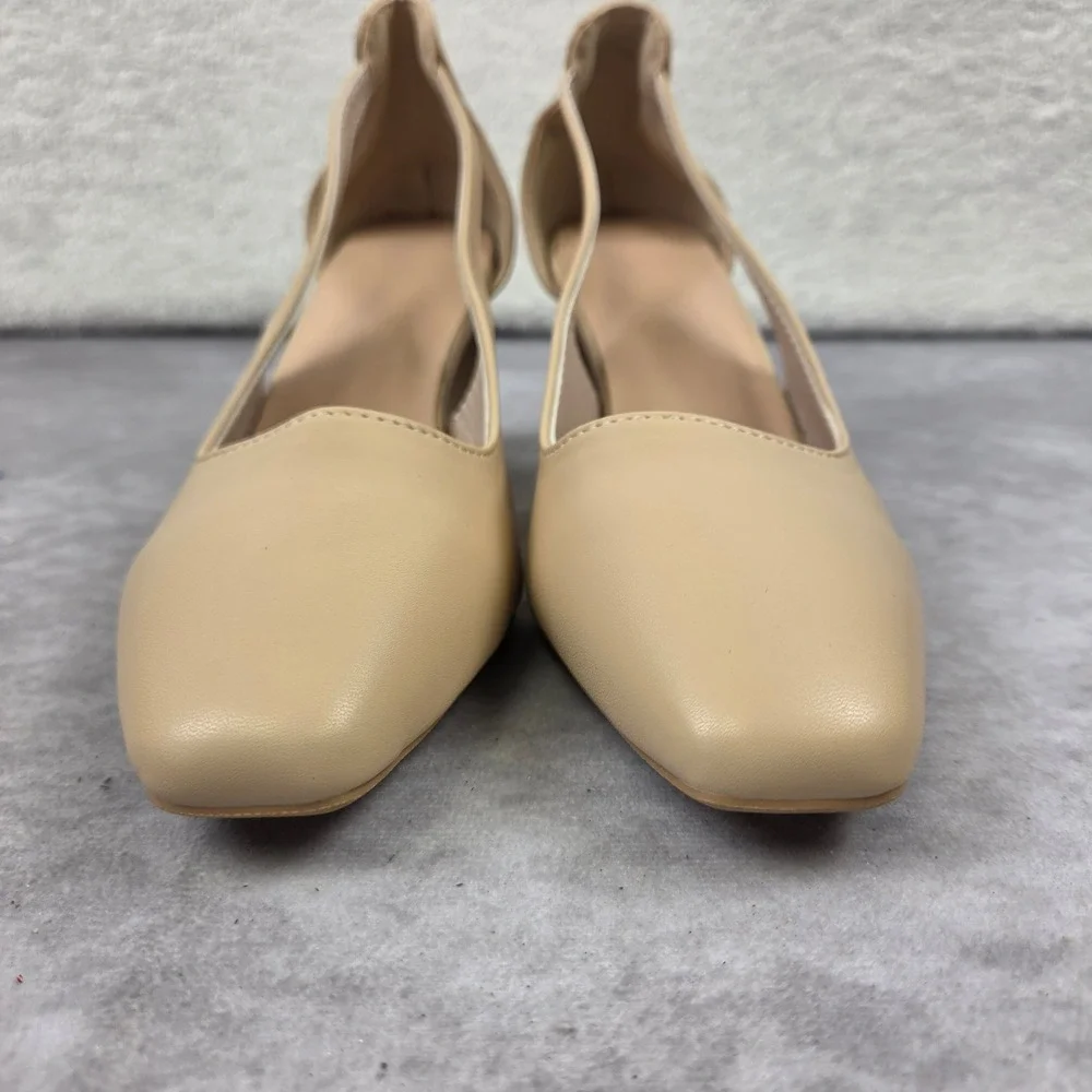 Nude Beige Pointed Toe Block Heel Pumps with Side Cutouts Size 6.5